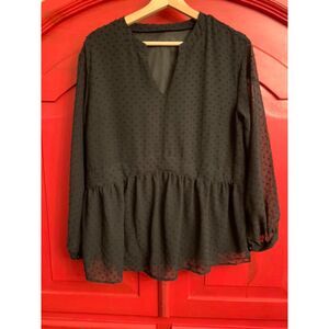 Black Babydoll Shirt Size Large Swiss Dot Sheer Sleeved Shirt Blouse Top EUC